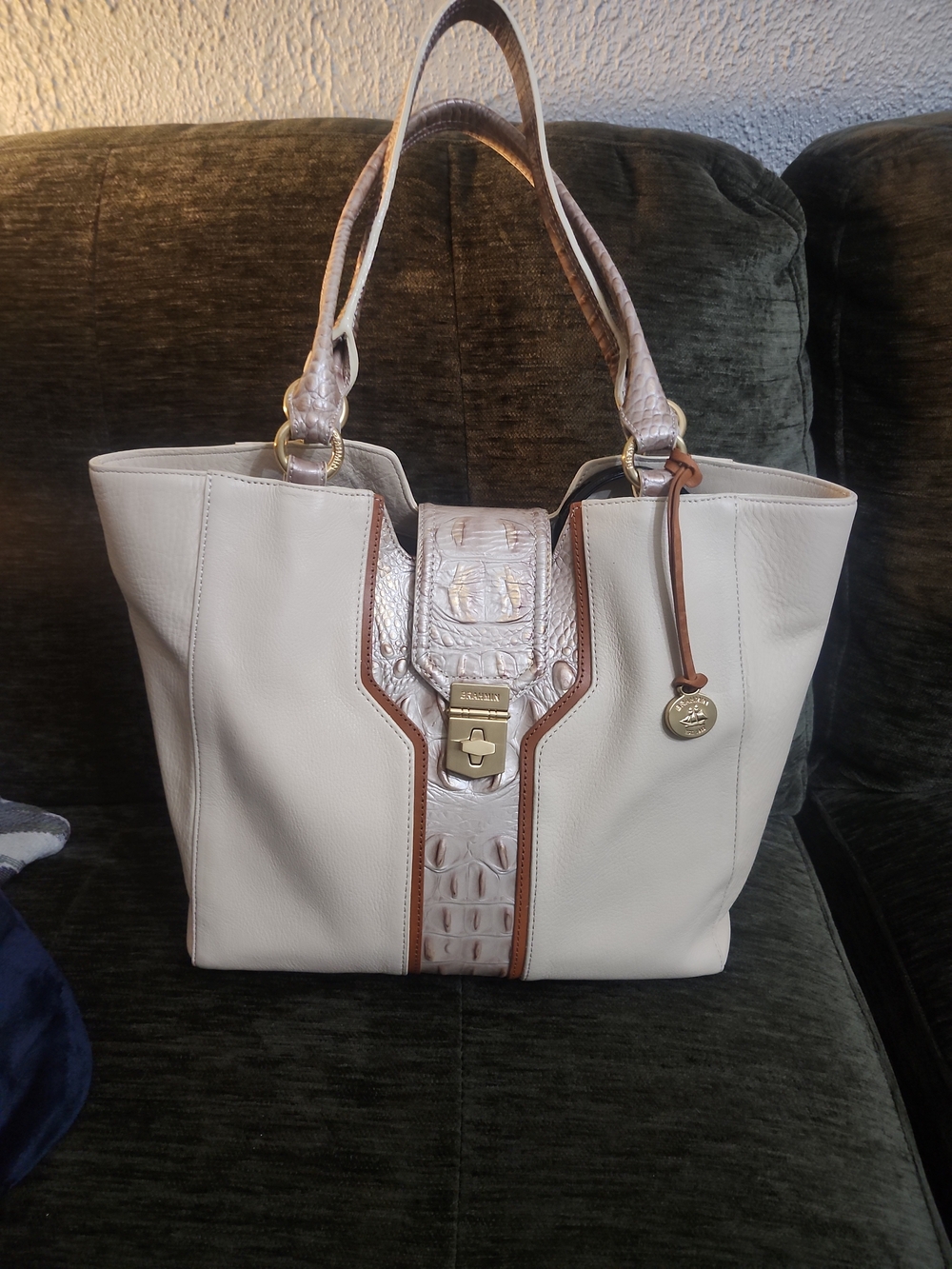 Brahmin Cream Leather Tote with Croc Accent Euc